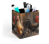 HETVBNS Rooster And Chicken Pen Holder for Desk - PU Leather Square Desk Organizer Travel Makeup Brush Storage Stylish Pencil Holder Desktop Stationery Organizer for Office & Home