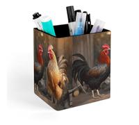 HETVBNS Rooster And Chicken Pen Holder for Desk - PU Leather Square Desk Organizer Travel Makeup Brush Storage Stylish Pencil Holder Desktop Stationery Organizer for Office & Home