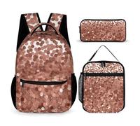 HETVBNS Rose Gold Glitter Backpack Set 3 Piece, Durable Backpack Insulated Lunch Bag Portable Pencil Case for Men Women