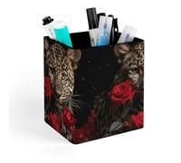 HETVBNS Rose Leopard Pen Holder for Desk - PU Leather Square Desk Organizer Travel Makeup Brush Storage Stylish Pencil Holder Desktop Stationery Organizer for Office & Home