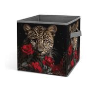 HETVBNS Rose Leopard Storage Bins 10.6 Inch, Oxford Fabric Foldable Storage Cube Organizer Basket with Handles, Fabric Bins for Closet Shelves, Toys, Clothes, Books, Bedroom