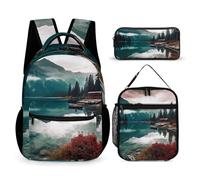 HETVBNS Scenic Lake Backpack Set 3 Piece, Durable Backpack Insulated Lunch Bag Portable Pencil Case for Men Women