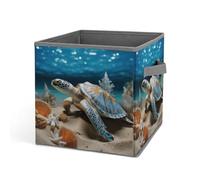 HETVBNS Sea Conch Shell Starfish Turtle Storage Bins 10.6 Inch, Oxford Fabric Foldable Storage Cube Organizer Basket with Handles, Fabric Bins for Closet Shelves, Toys, Clothes, Books, Bedroom
