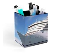 HETVBNS Seaside Cruise Ship Pen Holder for Desk - PU Leather Square Desk Organizer Travel Makeup Brush Storage Stylish Pencil Holder Desktop Stationery Organizer for Office & Home