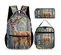 HETVBNS Sika Deer Backpack Set 3 Piece, Durable Backpack Insulated Lunch Bag Portable Pencil Case for Men Women