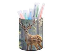 HETVBNS Sika Deer Pen Holder for Desk PU Leather Round Desk Organizer Multifunctional Makeup Brush Storage Aesthetic Desktop Supplies Stylish Pencil Holder for Office & Home