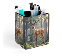HETVBNS Sika Deer Pen Holder for Desk - PU Leather Square Desk Organizer Travel Makeup Brush Storage Stylish Pencil Holder Desktop Stationery Organizer for Office & Home