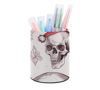 HETVBNS Sketchy Skulls Pen Holder for Desk PU Leather Round Desk Organizer Multifunctional Makeup Brush Storage Aesthetic Desktop Supplies Stylish Pencil Holder for Office & Home