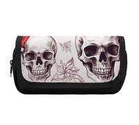 HETVBNS Sketchy Skulls Pencil Case Extra Large, Double Layer Pencil Pouch with Zipper, Portable Cosmetic Bags for Travel, Office Stationery Organizer for Women Men