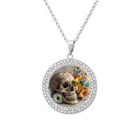 HETVBNS - Skull and Antique Flower Necklace, Alloy Round Pendant with Diamond, Elegant Pendant Necklace for Women Men, Una talla, Metal, Alloy.