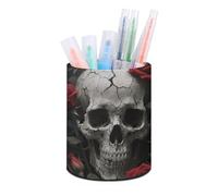 HETVBNS Skull Rose Pen Holder for Desk PU Leather Round Desk Organizer Multifunctional Makeup Brush Storage Aesthetic Desktop Supplies Stylish Pencil Holder for Office & Home