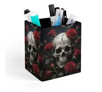 HETVBNS Skull Rose Pen Holder for Desk - PU Leather Square Desk Organizer Travel Makeup Brush Storage Stylish Pencil Holder Desktop Stationery Organizer for Office & Home