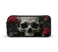 HETVBNS Skull Rose Pencil Case Large Capacity, Durable Pencil Pouch Portable Small Cosmetic Bag with Metal Zipper, Simple Makeup Pouch Aesthetic Toiletry Bag for Travel Office