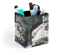 HETVBNS Snow Leopard Pen Holder for Desk - PU Leather Square Desk Organizer Travel Makeup Brush Storage Stylish Pencil Holder Desktop Stationery Organizer for Office & Home