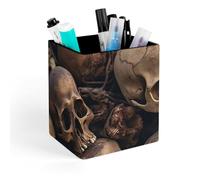 HETVBNS Some Skull Shapes Pen Holder for Desk - PU Leather Square Desk Organizer Travel Makeup Brush Storage Stylish Pencil Holder Desktop Stationery Organizer for Office & Home