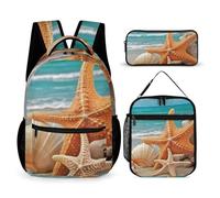 HETVBNS Starfish Seashell Beach Backpack Set 3 Piece, Durable Backpack Insulated Lunch Bag Portable Pencil Case for Men Women