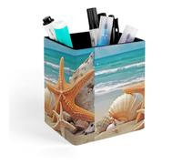 HETVBNS Starfish Seashell Beach Pen Holder for Desk - PU Leather Square Desk Organizer Travel Makeup Brush Storage Stylish Pencil Holder Desktop Stationery Organizer for Office & Home