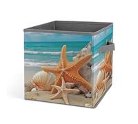 HETVBNS Starfish Seashell Beach Storage Bins 10.6 Inch, Oxford Fabric Foldable Storage Cube Organizer Basket with Handles, Fabric Bins for Closet Shelves, Toys, Clothes, Books, Bedroom