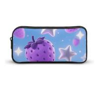 HETVBNS Stars And Purple Strawberries Pencil Case Large Capacity, Durable Pencil Pouch Portable Small Cosmetic Bag with Metal Zipper, Simple Makeup Pouch Aesthetic Toiletry Bag for Travel Office