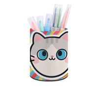 HETVBNS Sticker Cat Pen Holder for Desk PU Leather Round Desk Organizer Multifunctional Makeup Brush Storage Aesthetic Desktop Supplies Stylish Pencil Holder for Office & Home