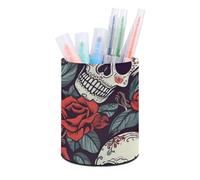 HETVBNS Sugar Skulls And Red Roses Pen Holder for Desk PU Leather Round Desk Organizer Multifunctional Makeup Brush Storage Aesthetic Desktop Supplies Stylish Pencil Holder for Office & Home