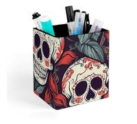 HETVBNS Sugar Skulls And Red Roses Pen Holder for Desk - PU Leather Square Desk Organizer Travel Makeup Brush Storage Stylish Pencil Holder Desktop Stationery Organizer for Office & Home