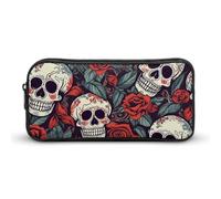 HETVBNS Sugar Skulls And Red Roses Pencil Case Large Capacity, Durable Pencil Pouch Portable Small Cosmetic Bag with Metal Zipper, Simple Makeup Pouch Aesthetic Toiletry Bag for Travel Office