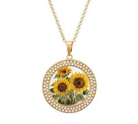 HETVBNS - Summer Sunflower Necklace, Round Alloy Pendant with Diamond, Elegant Pendant Necklace for Women Men, Una talla, Metal, Alloy.