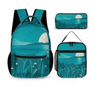 HETVBNS Teal Blue Backpack Set 3 Piece, Durable Backpack Insulated Lunch Bag Portable Pencil Case for Men Women
