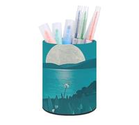 HETVBNS Teal Blue Pen Holder for Desk PU Leather Round Desk Organizer Multifunctional Makeup Brush Storage Aesthetic Desktop Supplies Stylish Pencil Holder for Office & Home
