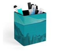 HETVBNS Teal Blue Pen Holder for Desk - PU Leather Square Desk Organizer Travel Makeup Brush Storage Stylish Pencil Holder Desktop Stationery Organizer for Office & Home