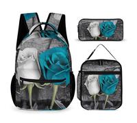 HETVBNS Teal Gray Rose Backpack Set 3 Piece, Durable Backpack Insulated Lunch Bag Portable Pencil Case for Men Women