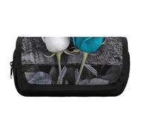 HETVBNS Teal Gray Rose Pencil Case Extra Large, Double Layer Pencil Pouch with Zipper, Portable Cosmetic Bags for Travel, Office Stationery Organizer for Women Men