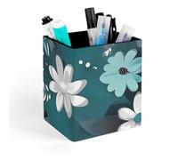 HETVBNS Teal Grey And White Floral Pen Holder for Desk - PU Leather Square Desk Organizer Travel Makeup Brush Storage Stylish Pencil Holder Desktop Stationery Organizer for Office & Home