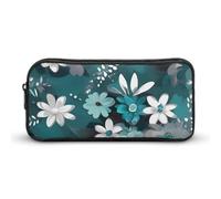 HETVBNS Teal Grey And White Floral Pencil Case Large Capacity, Durable Pencil Pouch Portable Small Cosmetic Bag with Metal Zipper, Simple Makeup Pouch Aesthetic Toiletry Bag for Travel Office