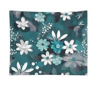 HETVBNS Teal Grey And White Floral Tapestry Wall Hanging - 50"x60" Aesthetic Tapestries Soft Polyester Wall Art Decor Large Tapestry for Bedroom Living Room Dorm Backdrop, Hanging Kit Included
