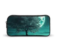 HETVBNS Teal Tree in Moonlight Pencil Case Large Capacity, Durable Pencil Pouch Portable Small Cosmetic Bag with Metal Zipper, Simple Makeup Pouch Aesthetic Toiletry Bag for Travel Office