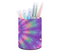 HETVBNS Tie Dye Hippies Print Pen Holder for Desk PU Leather Round Desk Organizer Multifunctional Makeup Brush Storage Aesthetic Desktop Supplies Stylish Pencil Holder for Office & Home