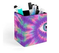 HETVBNS Tie Dye Hippies Print Pen Holder for Desk - PU Leather Square Desk Organizer Travel Makeup Brush Storage Stylish Pencil Holder Desktop Stationery Organizer for Office & Home