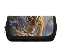 HETVBNS Tiger Descending The Mountain Pencil Case Extra Large, Double Layer Pencil Pouch with Zipper, Portable Cosmetic Bags for Travel, Office Stationery Organizer for Women Men