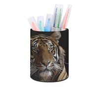 HETVBNS Tiger in Cave Pen Holder for Desk PU Leather Round Desk Organizer Multifunctional Makeup Brush Storage Aesthetic Desktop Supplies Stylish Pencil Holder for Office & Home