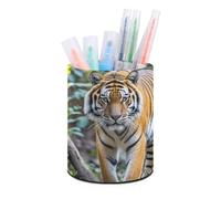 HETVBNS Tiger Pen Holder for Desk PU Leather Round Desk Organizer Multifunctional Makeup Brush Storage Aesthetic Desktop Supplies Stylish Pencil Holder for Office & Home