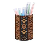 HETVBNS Traditional African Design Pattern Pen Holder for Desk PU Leather Round Desk Organizer Multifunctional Makeup Brush Storage Aesthetic Desktop Supplies Stylish Pencil Holder for Office & Home