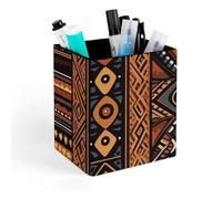 HETVBNS Traditional African Design Pattern Pen Holder for Desk - PU Leather Square Desk Organizer Travel Makeup Brush Storage Stylish Pencil Holder Desktop Stationery Organizer for Office & Home