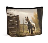HETVBNS Travel Makeup Bag Portable Cosmetic Bags for Women Fence And Horse Make Up Bags Organizer With Zipper Waterproof Open Flat Toiletry Bag Cute Makeup Pouch for Travel Accessories, Fence And