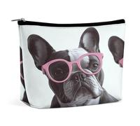 HETVBNS Travel Makeup Bag Portable Cosmetic Bags for Women French Bulldog Pink Glasses Make Up Bags Organizer With Zipper Waterproof Open Flat Toiletry Bag Cute Makeup Pouch for Travel Accessories
