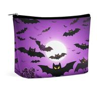 HETVBNS Travel Makeup Bag Portable Cosmetic Bags for Women Halloween Flying Purple Bats Make Up Bags Organizer With Zipper Waterproof Open Flat Toiletry Bag Cute Makeup Pouch for Travel Accessories