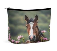 HETVBNS Travel Makeup Bag Portable Cosmetic Bags for Women Horses And Flowers Make Up Bags Organizer With Zipper Waterproof Open Flat Toiletry Bag Cute Makeup Pouch for Travel Accessories