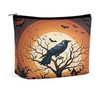 HETVBNS Travel Makeup Bag Portable Cosmetic Bags for Women Raven Halloween Make Up Bags Organizer With Zipper Waterproof Open Flat Toiletry Bag Cute Makeup Pouch for Travel Accessories, Raven