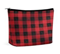 HETVBNS Travel Makeup Bag Portable Cosmetic Bags for Women Red Black Buffalo Check Plaid Make Up Bags Organizer With Zipper Waterproof Open Flat Toiletry Bag Cute Makeup Pouch for Travel Accessories
